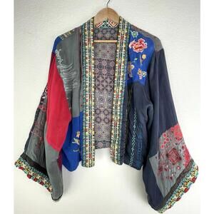Johnny Was Embroidered Short Reversible Rayon Patchwork Kimono Jacket Rare SM/MD